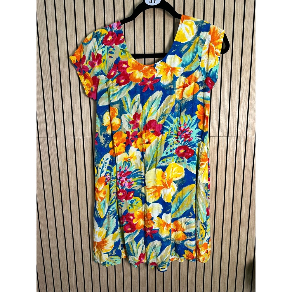 041 Jams World Tropical Floral Mini Dress Blue Yellow Lace Up Back (XS, EUC)